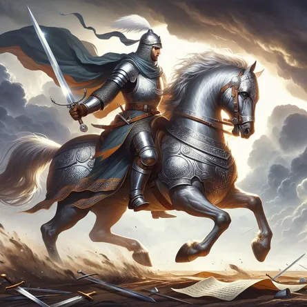Illustrate an image capturing a Middle-Eastern knight in gleaming medieval armor, atop a gallant stallion charging forward. This knight has a radiant silver sword held aloft against a backdrop of a stormy sky. The backdrop signifies a looming challenge or adversity. The terrain under the horse's hooves is strewn with fallen swords and scattered parchments, encapsulating rushed actions or decisions. The knight's face mirrors resoluteness and determination, representing a spirit of courage and audacity.