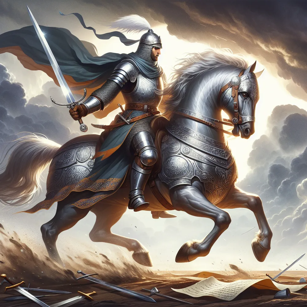 Illustrate an image capturing a Middle-Eastern knight in gleaming medieval armor, atop a gallant stallion charging forward. This knight has a radiant silver sword held aloft against a backdrop of a stormy sky. The backdrop signifies a looming challenge or adversity. The terrain under the horse's hooves is strewn with fallen swords and scattered parchments, encapsulating rushed actions or decisions. The knight's face mirrors resoluteness and determination, representing a spirit of courage and audacity.