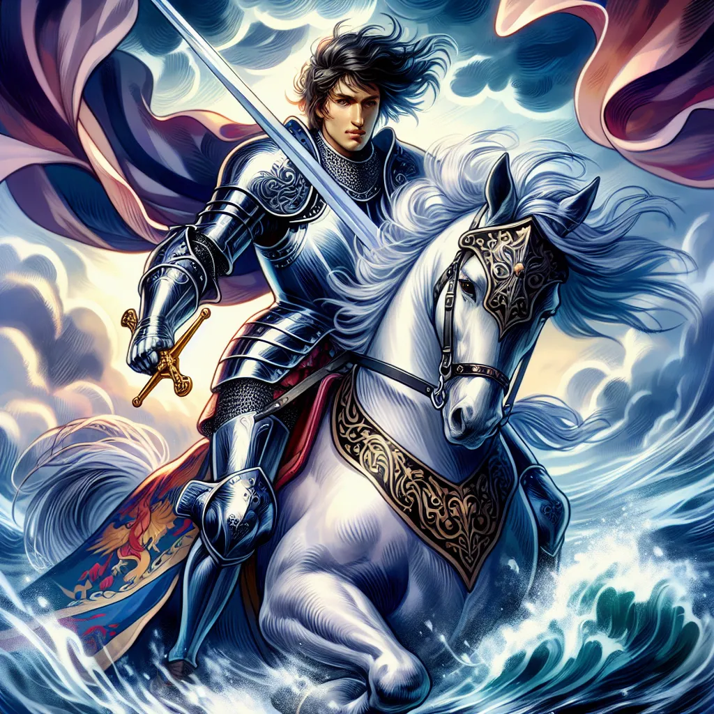 Create a dynamic and evocative illustration of the Knight of Swords tarot card. Depict a brave knight in shining armor, holding a sword aloft as he charges forward on a galloping horse. The background is stormy and windswept, symbolizing the chaos he courageously faces. The image should convey a sense of urgency and determination, with a focus on the knight's focused expression and the flowing movement of his cape and horse's mane. Use a blend of vibrant colors and dramatic lighting to enhance the scene's intensity and power.