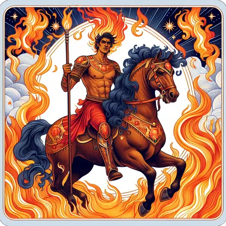 Generate an image that depicts a confident and fiery South Asian male knight holding a wand, sitting astride a galloping horse on a blazing trail, symbolizing the bold and adventurous spirit of a tarot card known as the Knight of Wands.