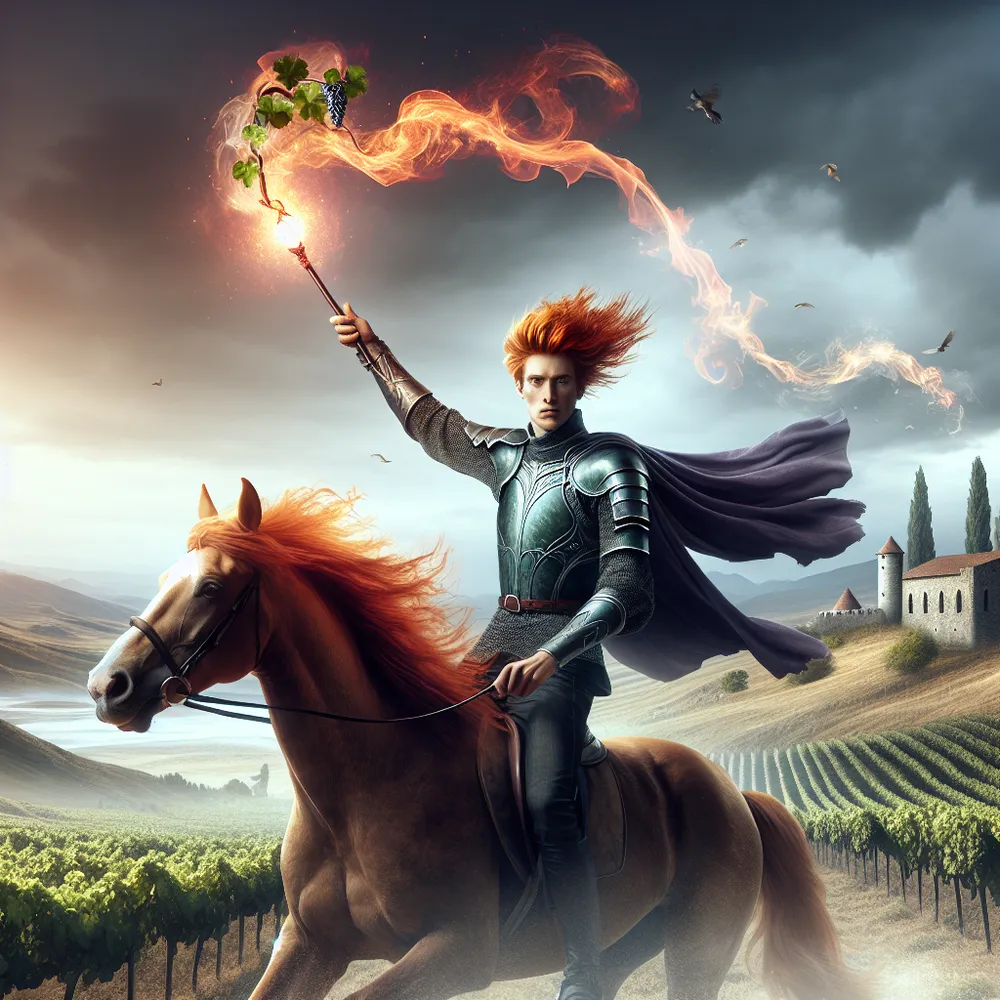 Create an image where a young and charismatic knight with fiery red hair gallantly rides a spirited horse across an expansive, windblown desert. This knight is holding aloft a wand engulfed in flames, symbolizing vitality and spontaneity. In the distance, accentuating the striving for perfection, a brilliant gem is being passionately polished and honed. Far off on the horizon, there's a stone-castle surrounded by verdant vineyards filled with ripening grapes, embodying the assurance of overflowing prosperity.