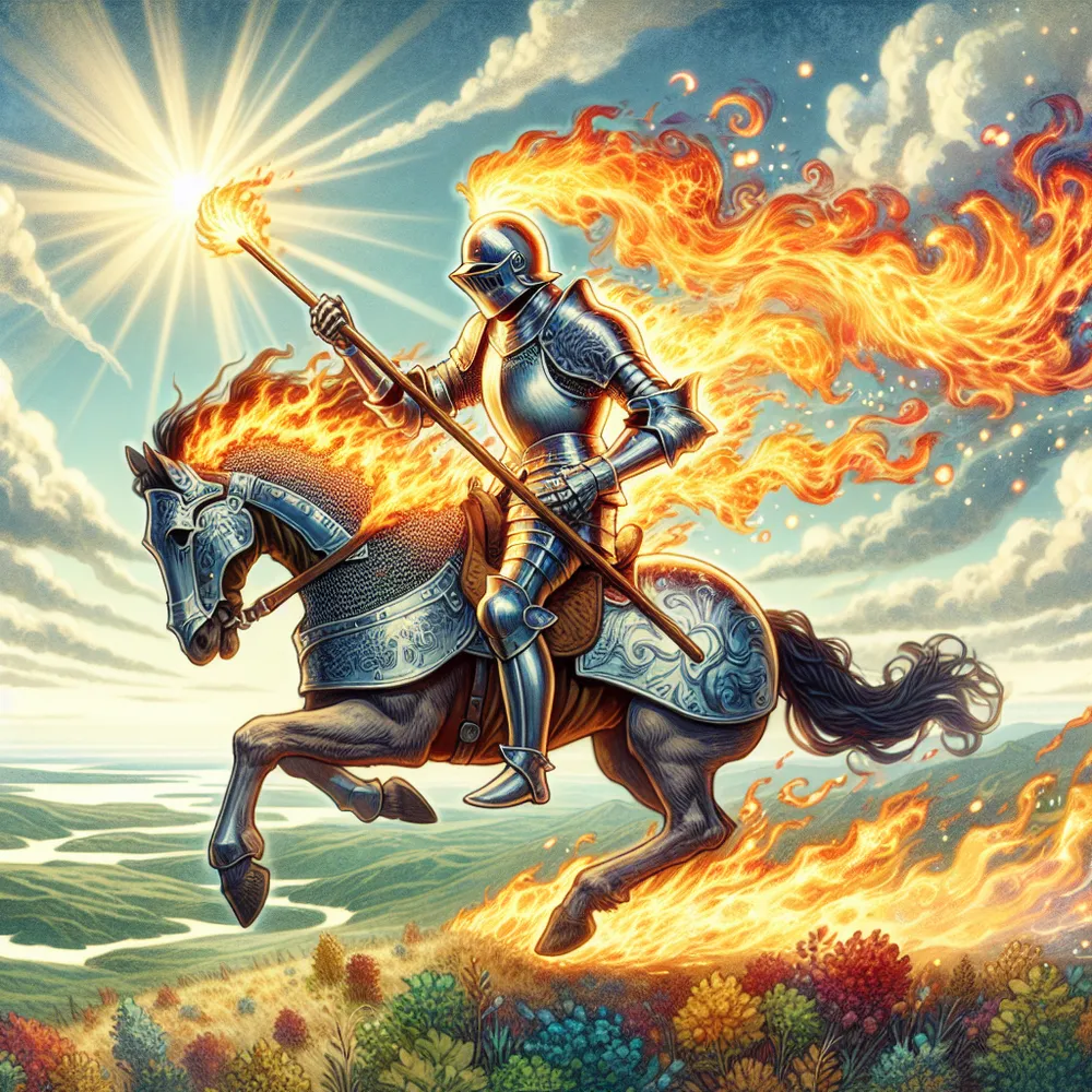 Create a detailed image portraying a medieval knight in shining armor, demonstrating fiery passion and a sense of adventure, energetically riding a burning wand. This scene captures the essence of the Knight of Wands tarot card. The knight appears ablaze with determination, their armor glowing with reflected flame from the burning wand. The background presents a vast, sprawling landscape under a clear sky, symbolizing a long and challenging journey ahead. Colorful scatterings of green, browns, and blues dominate the landscape, hinting at the varying terrain the knight will traverse on their journey.