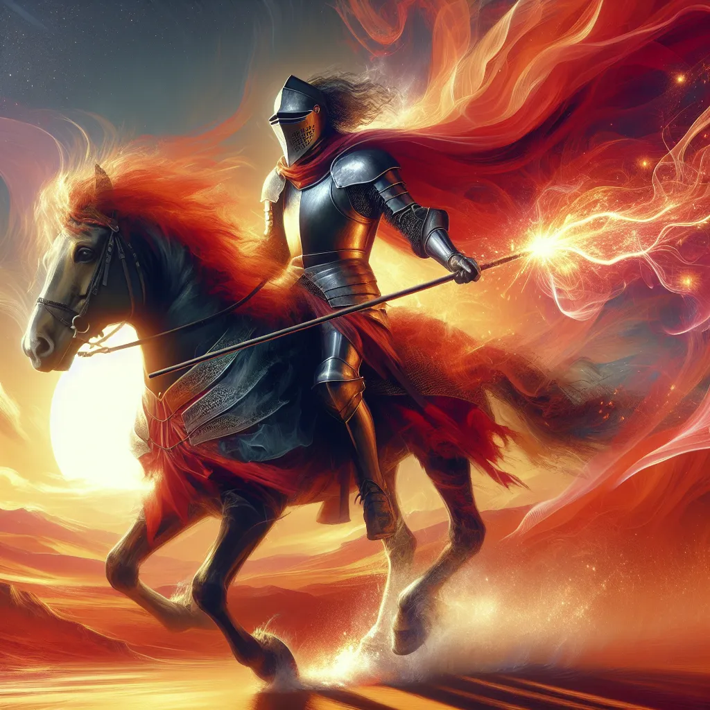 Create an artistic depiction of the Knight of Wands, a dynamic and energetic figure charging forward on a spirited horse. The knight wears medieval armor with a vibrant red cloak billowing behind, symbolizing passion and adventure. His eyes are focused and determined, holding a wand aloft that crackles with sparks of energy. The backdrop is a vast desert landscape with a rising sun, casting long shadows and a warm glow, evoking a sense of movement, purpose, and fiery ambition. Include elements of stoic philosophy subtly within the scene, like symbols of balance and focus.
