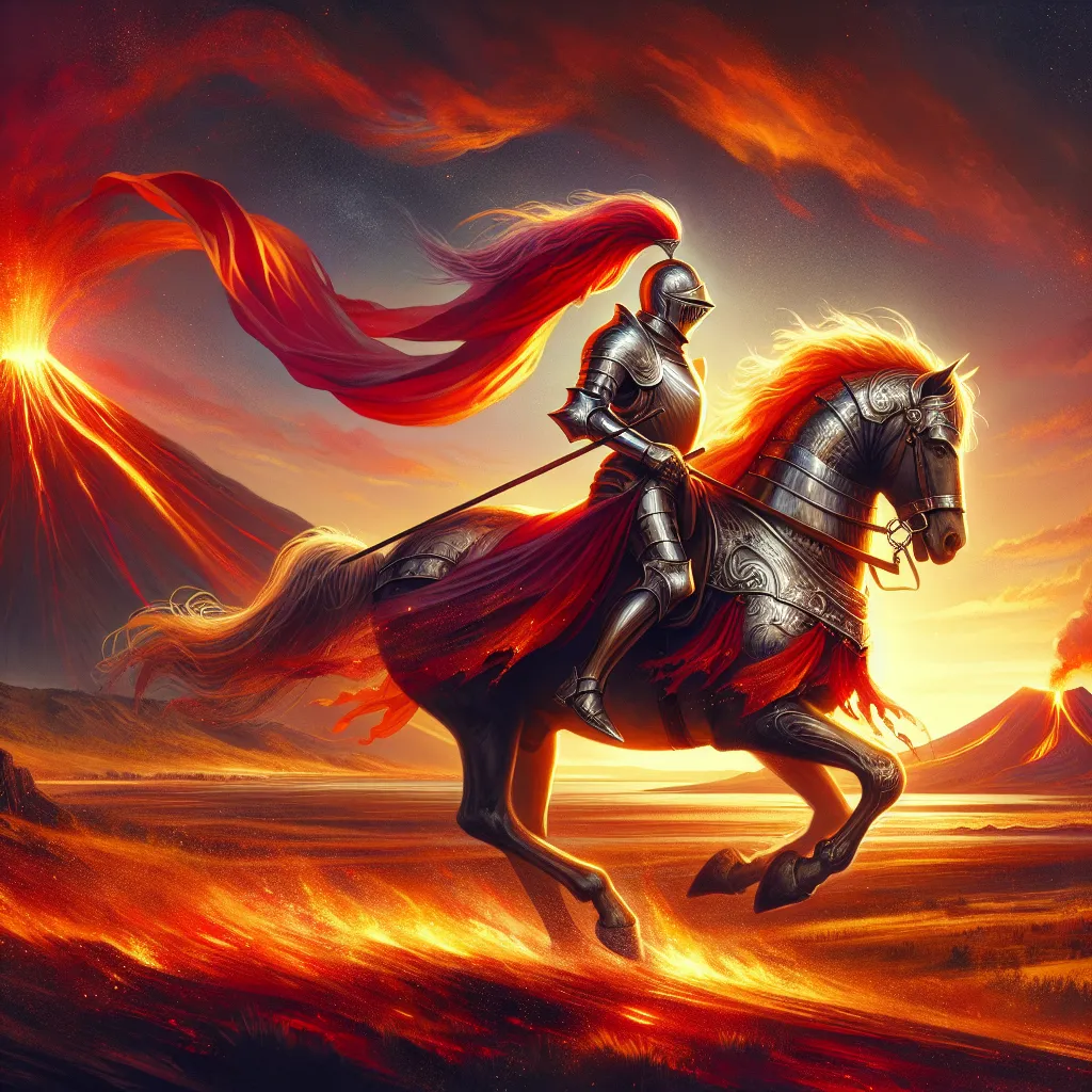 An adventurous knight clad in shining armor, riding a spirited horse through a fiery sunset landscape. The knight, with flowing crimson banners attached to the lance, symbolizes dynamic energy and enthusiasm of the Knight of Wands. Showcase a background of open plains with distant volcanic silhouettes erupting, emphasizing the raw and vibrant potential of untamed nature. The overall mood is one of courage and forward momentum, with warm, glowing colors dominating the scene.