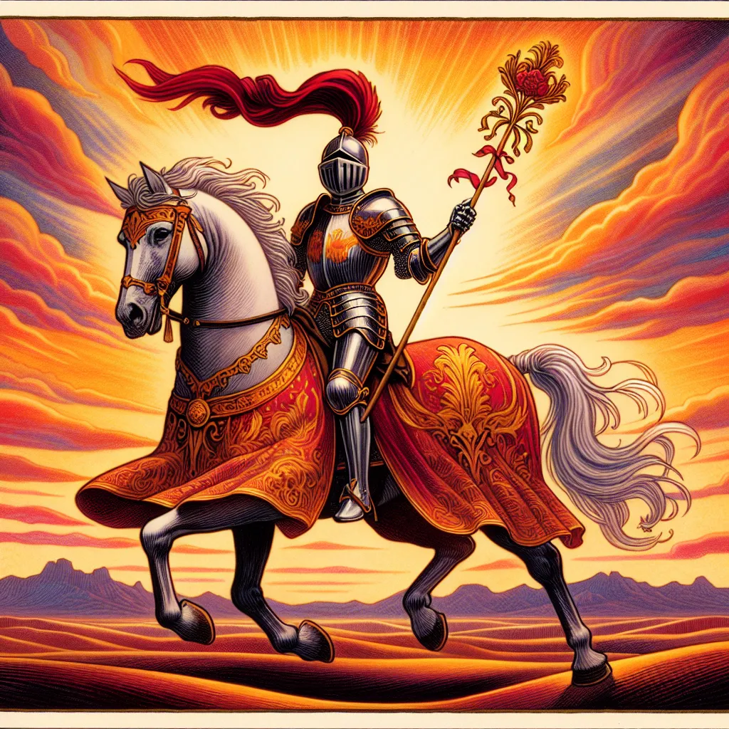Create an image of the Knight of Wands inspired by classic tarot card imagery. The knight is riding a galloping horse across a vast desert landscape, symbolizing energy and adventure. He wears medieval armor adorned with vibrant red and gold accents, holding a flowering wand in his hand. The sky is a dynamic blend of oranges and reds, reflecting the fiery passion of sunset. The scene conveys a sense of forward motion and determination, capturing the spirited essence of the Knight of Wands.