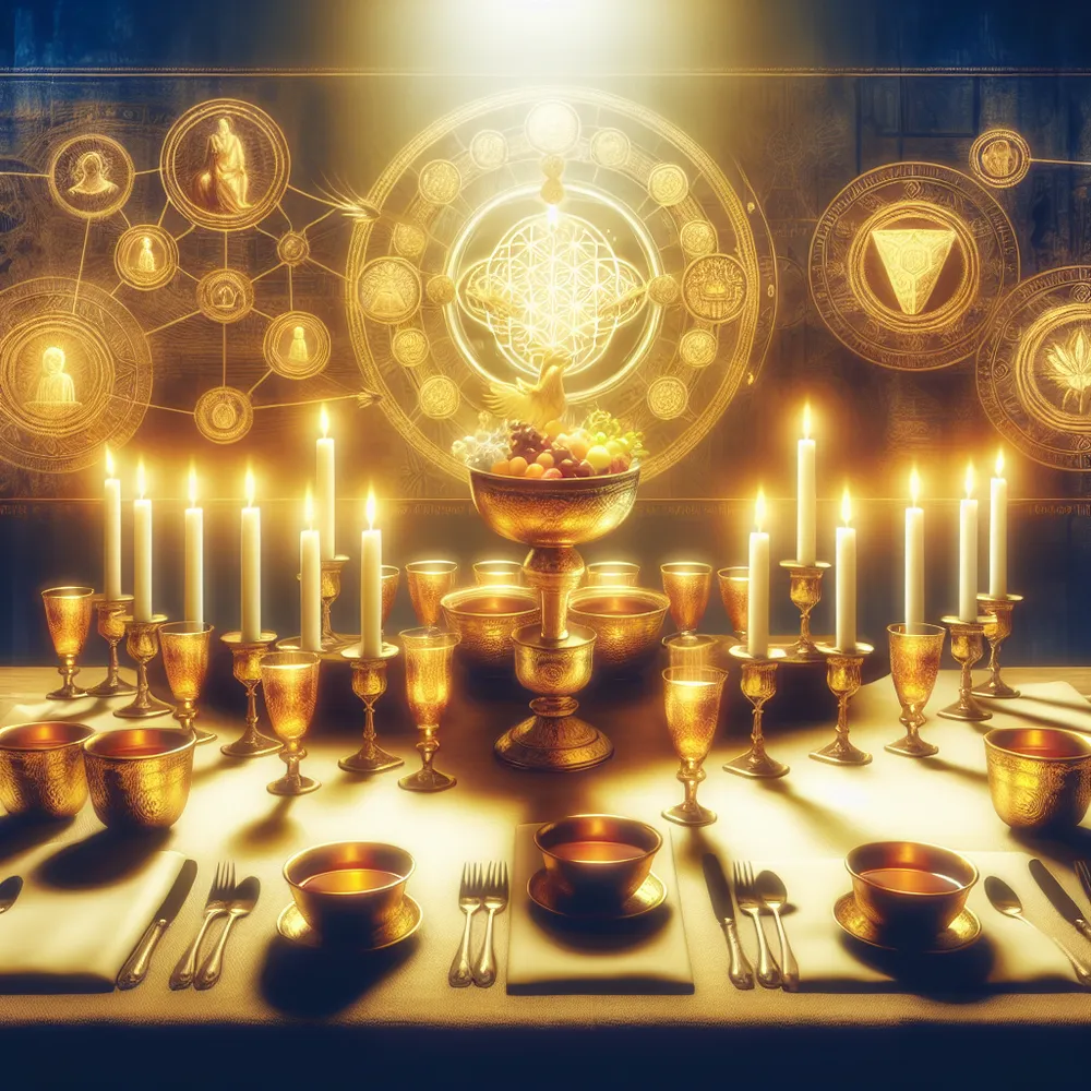 Create an image depicting a medieval feast that symbolizes a recognition of remarkable accomplishment, appreciation, and abundance. Positioned at the center of the table, nine golden cups brimming with a heavenly nectar glisten under the glow of soft candlelight. Within the background, include symbolic elements reflecting the profound insights of ancient Stoic philosophy.