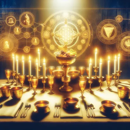 Create an image depicting a medieval feast that symbolizes a recognition of remarkable accomplishment, appreciation, and abundance. Positioned at the center of the table, nine golden cups brimming with a heavenly nectar glisten under the glow of soft candlelight. Within the background, include symbolic elements reflecting the profound insights of ancient Stoic philosophy.