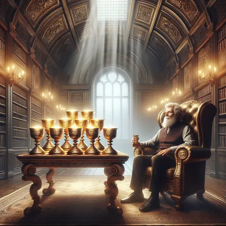 Depict a Caucasian elderly man appearing wise and serene, comfortably seated in a deluxe armchair. A beautifully designed wooden table in front of him holds nine ornately decorated cups full, each emanating a soft golden glow. The armchair is located in a lavishly adorned study filled with aged books and parchment, an allusion to vast knowledge and sagacity. Above, on the expansive ceiling, a grand window allows a beam of sunlight to stream in, illuminating the man and the nine glowing cups while casting the remainder of the room in a soft shadow. The essence of the image portrays profound fulfillment, luminosity, and wisdom.