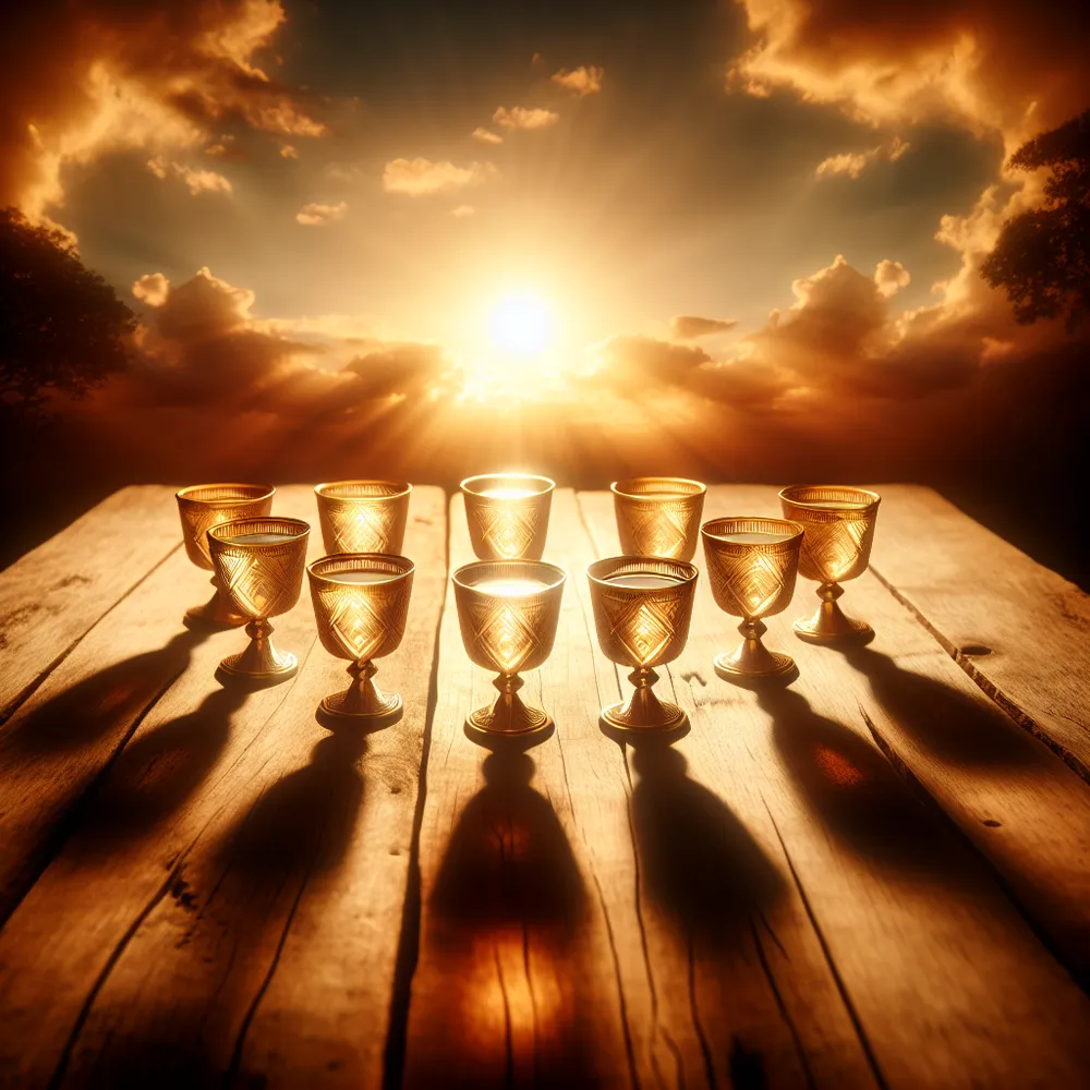 Create a scene with a rustic wooden table that gives a warm and inviting feeling. On top of it, nine golden chalices filled with pure, glowing water are arranged in a diamond formation. The background showcases the soft glow of a setting sun, casting long, dramatic shadows and bathing the entire scene in warm orange hues. This peaceful and fulfilling environment resonates deeply with feelings of deep fulfillment and self-contentment, embodying the spirit associated with the Nine of Cups in tarot imagery.