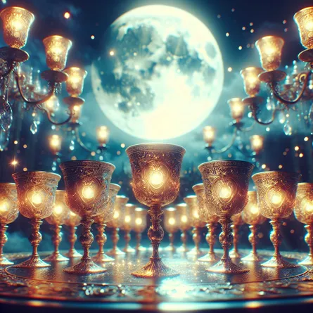 Under the captivating allure of the moonlight, a grand feast table is set. The table is adorned with nine opulent, golden chalices, each beaming in the soft lunar glow. The cups are filled to the brim with a liquid that radiates in the night, each shimmer hinting at joy and fulfillment. The scene exudes an enchanting sense of magic, mirroring the enchantment of a fine feast in a fairy tale.
