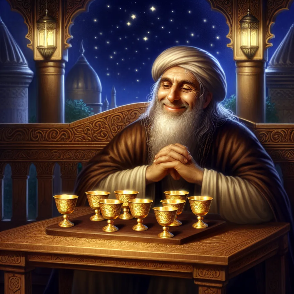 Depict a Middle-Eastern mystic man, seated in a Victorian-styled courtyard under a starlit sky. He has a deeply satisfied and pleased expression, while he admires the nine golden cups that are neatly arrayed on an intricately carved wooden table. His gentle, knowing smile illustrates a sense of contentment and fulfillment as he reclines comfortably in his chair.