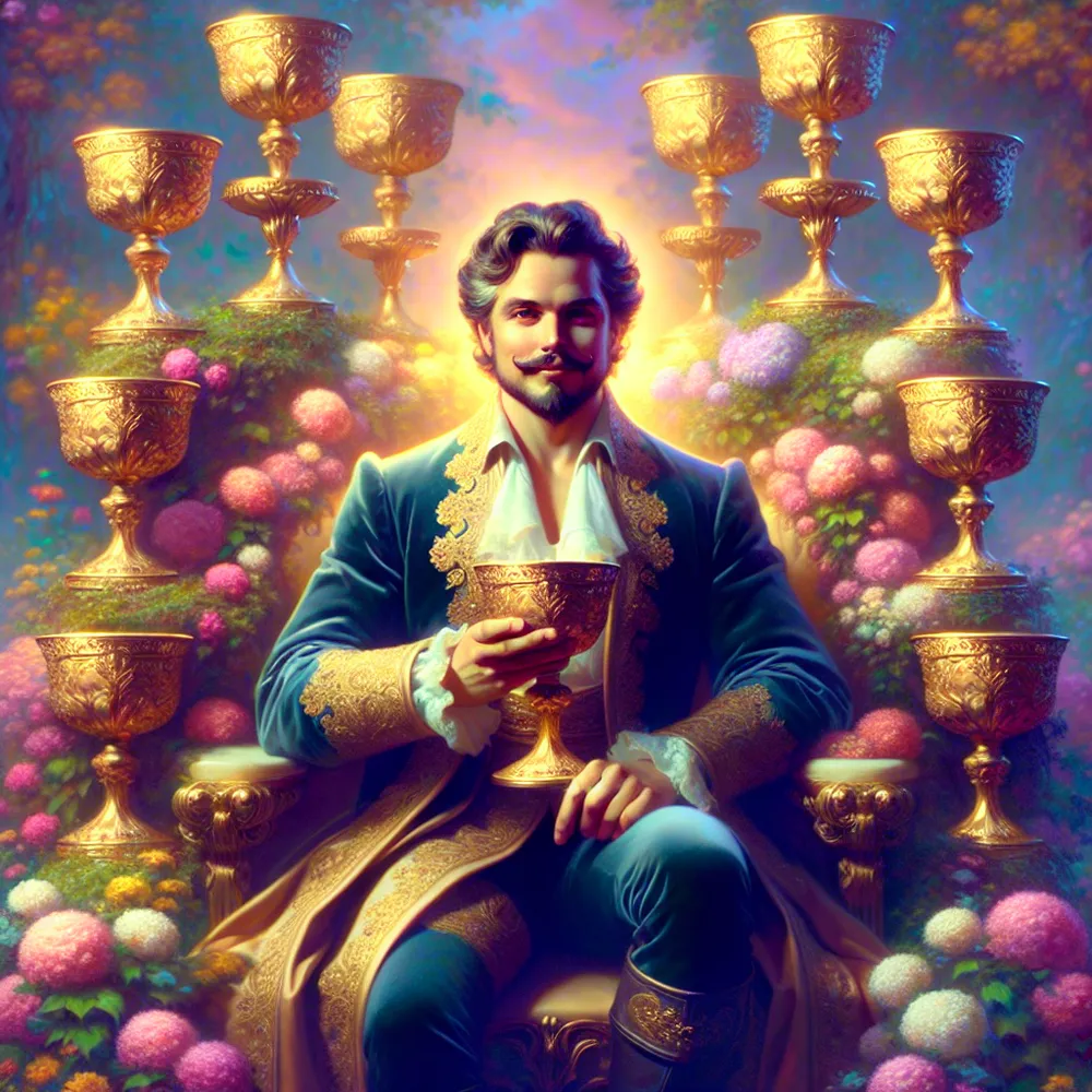 Generate an image of a regal Hispanic man seated on a throne amid a lush, flowery garden, looking pleased and content. He's holding a golden chalice in one hand, with eight other cups arranged behind him in a curved array. The atmosphere is filled with a twilight hue as if a wish is being granted.