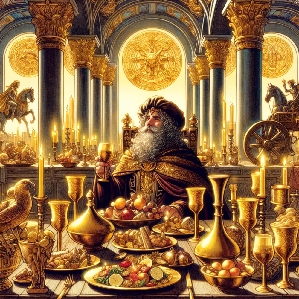 A luxurious banquet hall, brimming with golden chalices and an atmosphere of joy. A content individual of Middle-Eastern descent is seated at the head of the banquet table, surrounded by a feast. The walls are decorated with symbols representing wealth and prosperity, such as coins and precious gemstones. In the background, a chariot is discernible, poised for a voyage. To one side, a figure exuding authority, wisdom, and opulence - comparable to a regal entity typically embodied by the King of Pentacles - is observing the entire scene with a satisfied expression. This figure is a male of Hispanic descent.