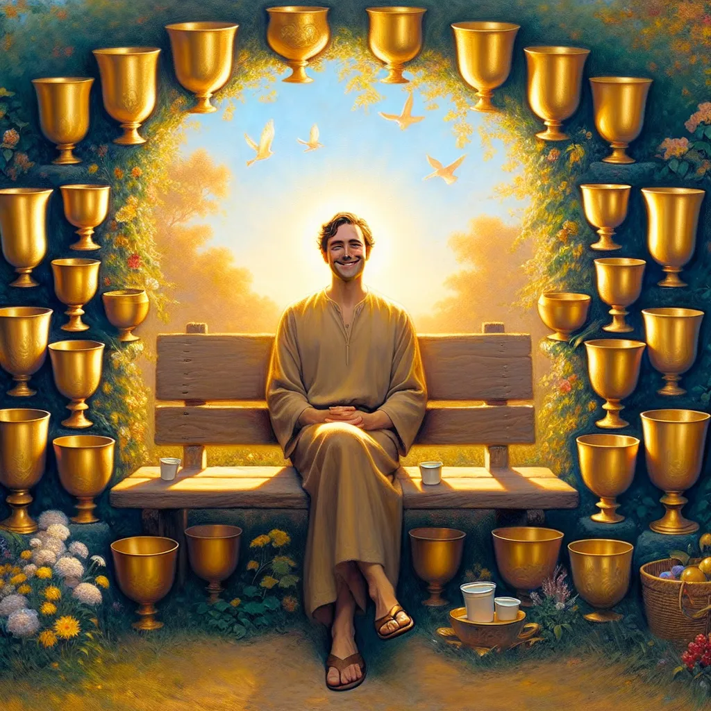 Imagine a figure seated contentedly on a bench surrounded by nine golden cups arranged in an arch. The figure, of Hispanic descent and male, wears a gentle smile, exuding a sense of fulfillment and peace. The scene is warm and inviting, set in a lush garden under a clear blue sky. There are elements of nature, like flowering shrubs and singing birds, adding to the ambiance of contentment and joy. The portrayal embodies a balance of earthly pleasures and inner satisfaction, inviting the viewer to bask in the quiet joy of the moment.