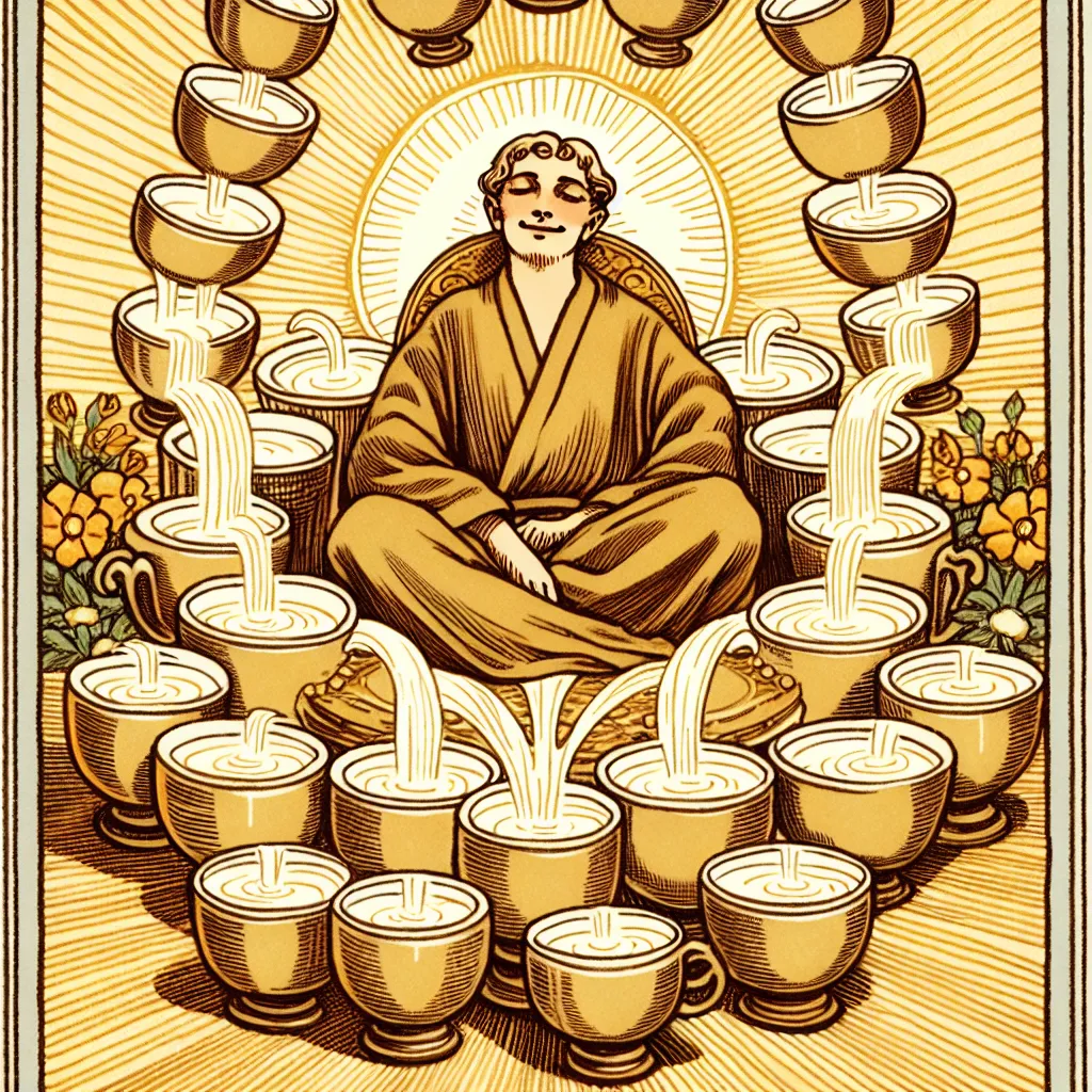Create a captivating tarot card illustration of the Nine of Cups. Show a contented figure seated comfortably, surrounded by nine overflowing cups arranged in a semi-circle. The figure should exude confidence and joy, embodying satisfaction and contentment. The background is warm and inviting, with subtle golden hues, symbolizing abundance and fulfillment. The scene should evoke a sense of celebration and completion with intricate detailing typical of classic tarot card imagery.