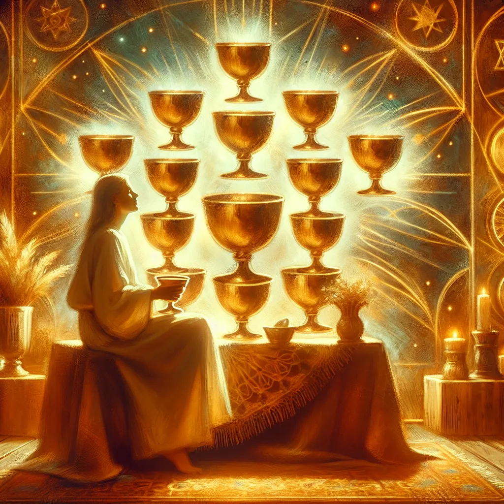 A joyful figure seated in a cozy, warm setting, with nine golden cups displayed prominently in the background. The scene is filled with an atmosphere of celebration and contentment, highlighting abundance and gratitude. The figure appears serene and satisfied, gently reflecting on their achievements. The setting is rich in warm tones, emphasizing comfort and fulfillment, with subtle hints of mystic, tarot-inspired imagery.