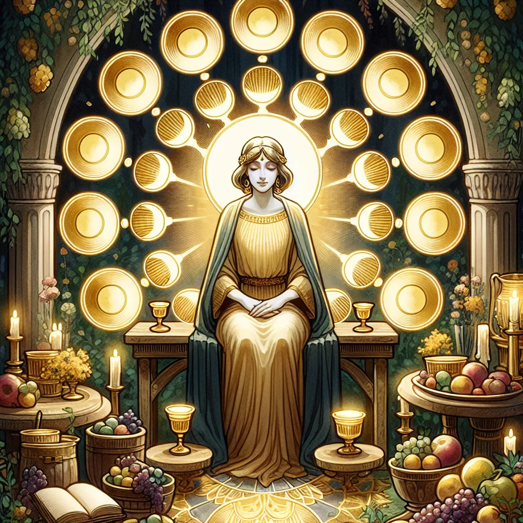 Create an image of a serene and content figure seated comfortably, surrounded by nine golden cups arranged in an arc behind them. The setting is lush and welcoming, with dim lighting creating a warm atmosphere. The figure exhibits a calm, satisfied expression, symbolizing fulfillment and satisfaction. Include elements of abundance and achievement such as a table set with fruits and books symbolizing wisdom and contentment, in a style reminiscent of classical tarot card art.