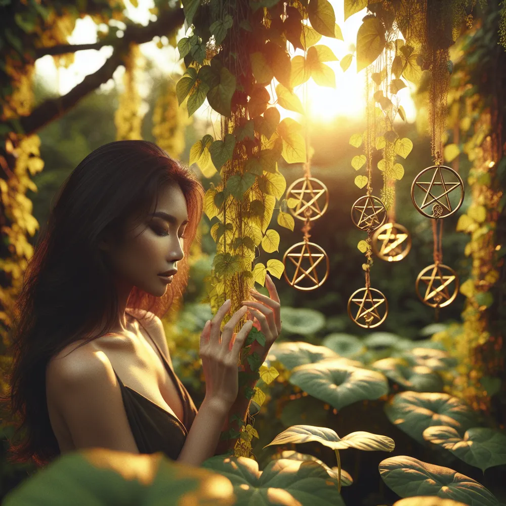 A serene South Asian female, showcasing a sense of tranquility and relaxation, is standing amidst a lush garden that is abundantly covered in vibrant vines. Her hand gently caresses one of the nine golden pentacles that hang prolifically from the surrounding foliage. The setting sun casts a warm, golden light over the scene, intensifying the atmosphere of prosperity and fulfillment.