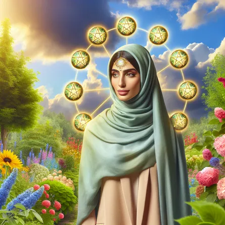 Create an image of a confident Middle-Eastern woman standing in a verdant garden. She is surrounded by nine golden pentacles, that are glistening under the sunlight, indicative of her wealth, prosperity, and self-sufficiency. Featuring a serene sky above and a mix of colorful blooms around her, the scene radiates pure tranquility and abundance.