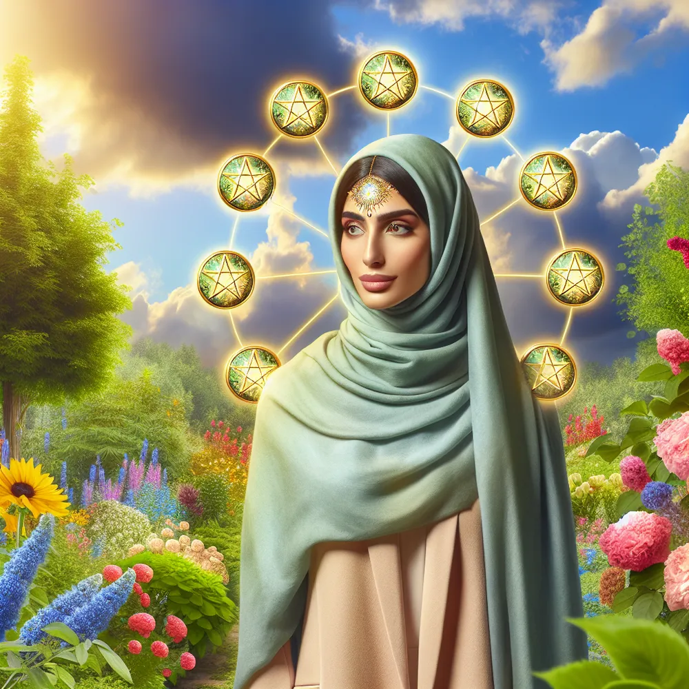 Create an image of a confident Middle-Eastern woman standing in a verdant garden. She is surrounded by nine golden pentacles, that are glistening under the sunlight, indicative of her wealth, prosperity, and self-sufficiency. Featuring a serene sky above and a mix of colorful blooms around her, the scene radiates pure tranquility and abundance.