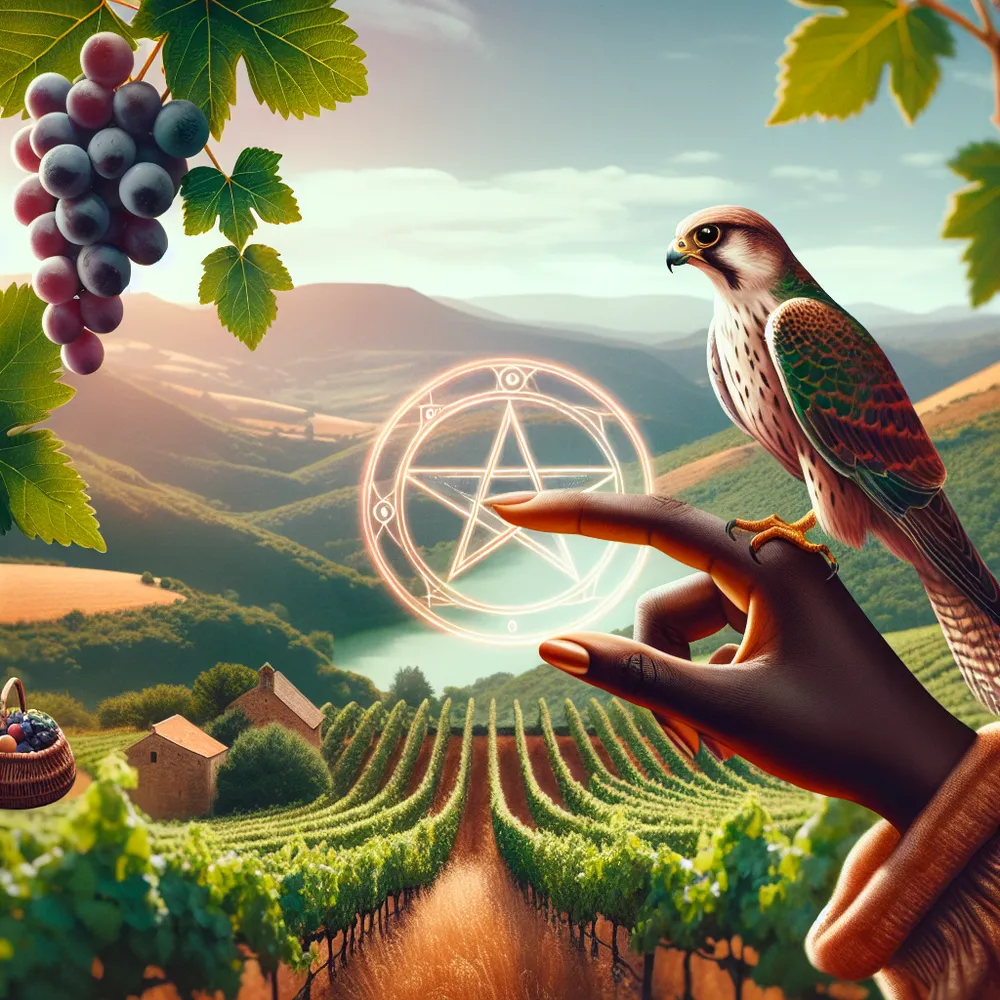 Let's visualize a serene and confident Black woman standing amidst a verdant and fruit-laden vineyard, her fingers delicately tracing the edges of a gleaming pentacle. A small, well-trained falcon subtly illustrates her sense of control and independence from afar, nestled peacefully in the spectacular scenery. The bountiful landscape is washed in the warm, alluring glow of a setting sun.