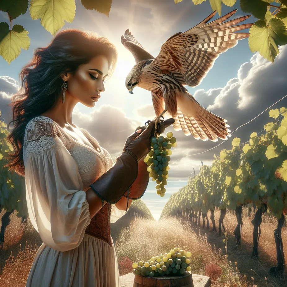 Create a picturesque scene of a strong Hispanic woman radiating serenity as she stands solitarily in a flourishing vineyard bathed in sunlight broken by the dappled sky overhead. A majestic falcon graces her gloved hand, epitomizing the symbology of the Nine of Pentacles card in a Tarot deck. The surrounding vineyard exudes prosperity, laden with rich, ripening grapes which are a testament to her meticulous care and dedicated nurturing. The gentle breeze ruffles the woman's clothes and the falcon's feathers, adding a tranquil ambiance to the scenic image.