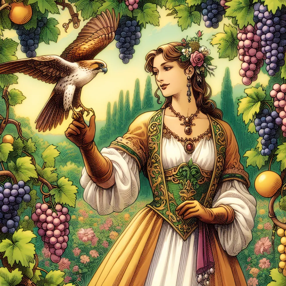 Create an artistic rendering of the Nine of Pentacles tarot card. Illustrate a serene garden scene with a confident and elegant woman dressed in luxurious attire. She is surrounded by lush grapevines and ripe pentacles symbolizing wealth and abundance. Her expression is one of satisfaction and independence as she interacts gracefully with a falcon perched on her glove. Capture the essence of tranquility and self-sufficiency with warm, vibrant colors and intricate details.