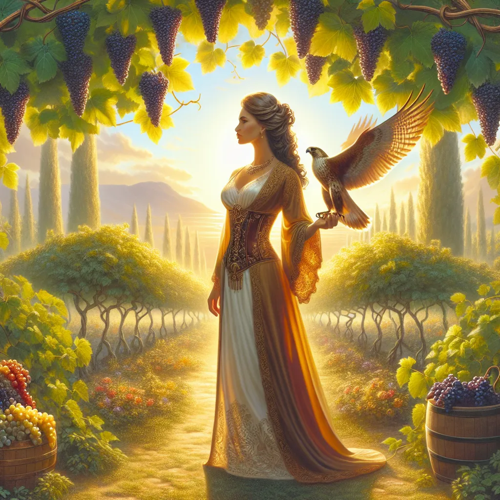 Create an image of a serene garden bathed in golden sunlight, with a woman in elegant attire standing confidently in the center. She is surrounded by lush grapevines, heavy with ripe fruit, symbolizing abundance and personal achievement. In her hand, she holds a falcon, representing control and discipline. The background showcases a clear blue sky. The scene conveys a sense of calm, prosperity, and fulfillment.