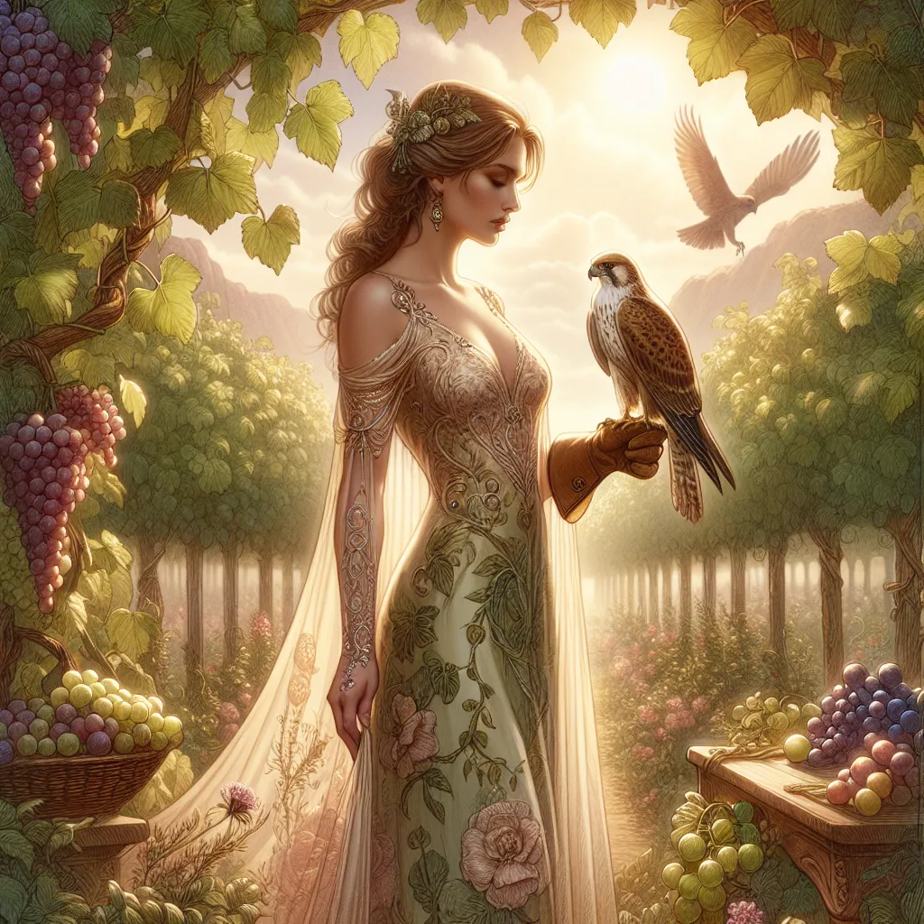 Create a serene and detailed illustration of a woman standing in a lush garden, symbolizing the Nine of Pentacles tarot card. She is surrounded by abundant grapevines and ripe fruit, embodying prosperity and self-sufficiency. The scene is illuminated by soft, warm sunlight, highlighting her elegant, flowing gown and the calm confidence in her demeanor. Incorporate elements of luxury and tranquility, such as a falcon perched gently on her gloved hand, conveying a sense of achievement and refined independence.