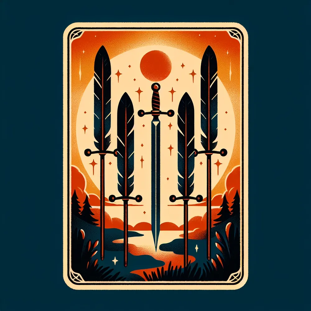 Create an image of the Nine of Swords tarot card encompassed by a warm and comforting color palette. The swords should be pictorially transforming into quills, symbolising the power of creativity and imagination to convert emotions of fear and anxiety. The backdrop must be a tranquil night sky that is gradually transitioning to dawn, signifying the arrival of hope and the start of new beginnings.