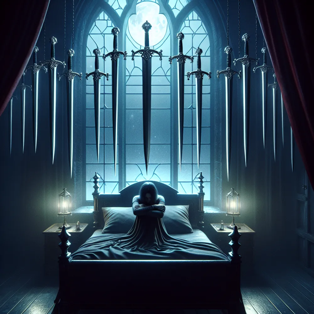 A hushed midnight scene in a gothic bedroom, a figure sits upright in bed, overwhelmed with anxiety. Nine silver swords hang in the chilly air above them, gleaming ominously under the foreboding moonlight that seeps through a towering stained glass window.