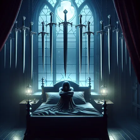 A hushed midnight scene in a gothic bedroom, a figure sits upright in bed, overwhelmed with anxiety. Nine silver swords hang in the chilly air above them, gleaming ominously under the foreboding moonlight that seeps through a towering stained glass window.