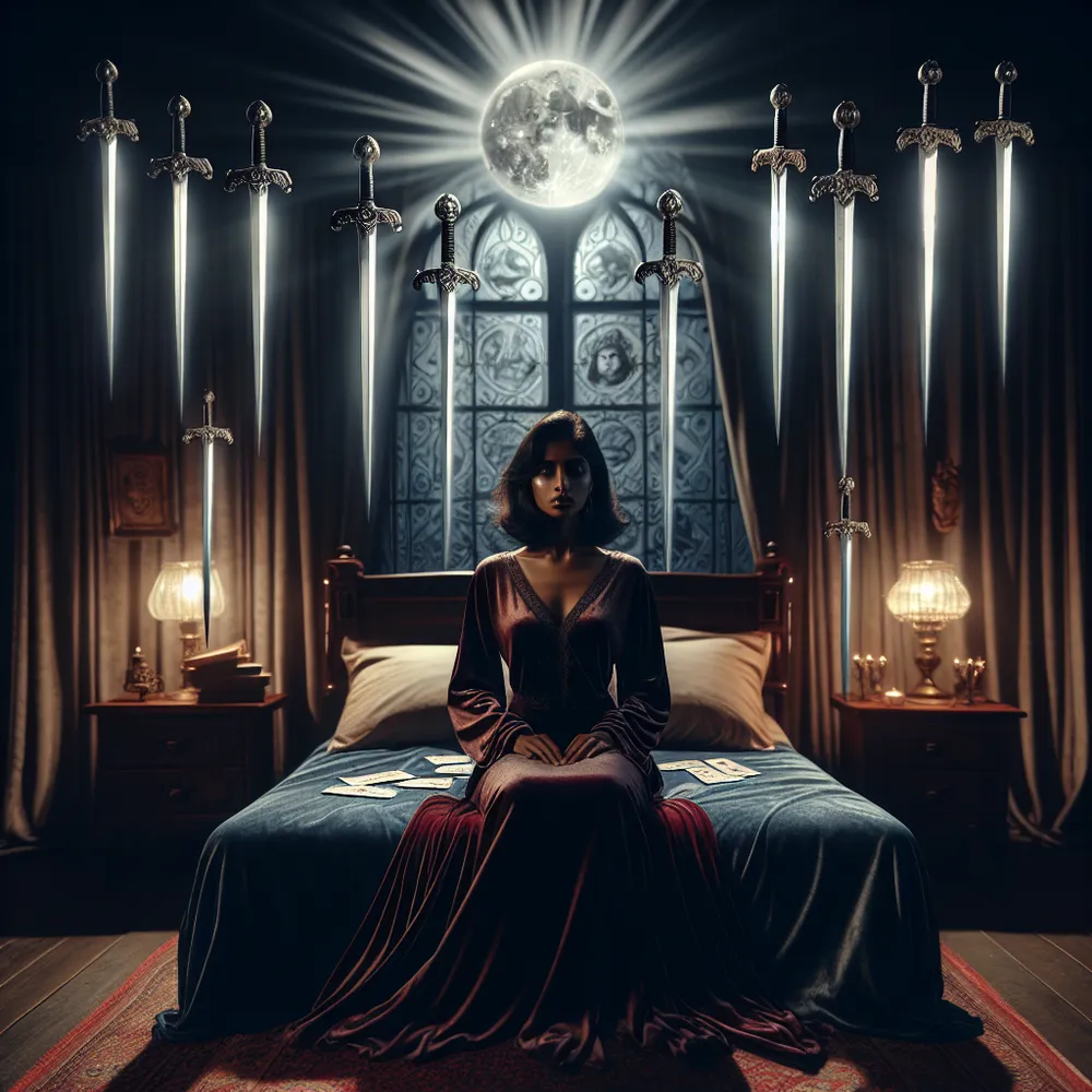 Visualize a South Asian woman sitting upright on a plush bed, embodied with stoicism and contemplation. Surround her with nine levitating swords, each glowing under the moonlight, casting eerie shadows that symbolize fear and anxiety. Set the scene during the night-time, with the background featuring a gothic-style window, richly decorated, with the radiant moon throwing in silvery streams of light. On the bed, lay a luxurious velvet duvet, its color deep and rich, adding to the overall ambiance. This scene interprets a confrontation with the inner demons, utilizing elements reminiscent of classic tarot card imagery.