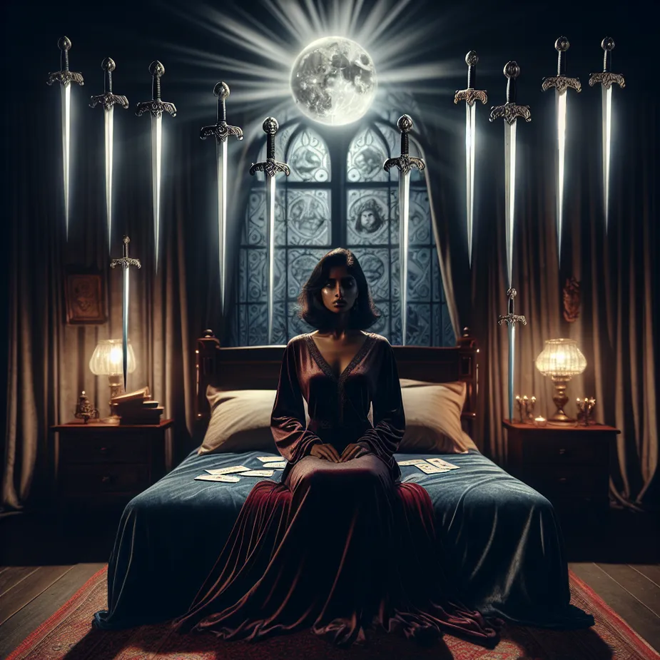 Visualize a South Asian woman sitting upright on a plush bed, embodied with stoicism and contemplation. Surround her with nine levitating swords, each glowing under the moonlight, casting eerie shadows that symbolize fear and anxiety. Set the scene during the night-time, with the background featuring a gothic-style window, richly decorated, with the radiant moon throwing in silvery streams of light. On the bed, lay a luxurious velvet duvet, its color deep and rich, adding to the overall ambiance. This scene interprets a confrontation with the inner demons, utilizing elements reminiscent of classic tarot card imagery.