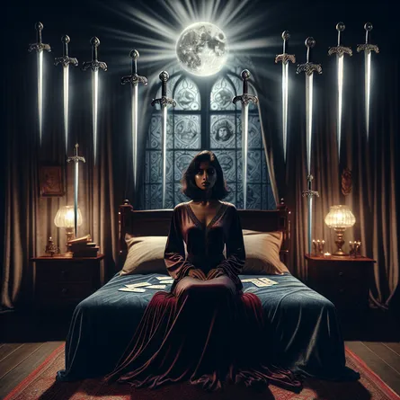 Visualize a South Asian woman sitting upright on a plush bed, embodied with stoicism and contemplation. Surround her with nine levitating swords, each glowing under the moonlight, casting eerie shadows that symbolize fear and anxiety. Set the scene during the night-time, with the background featuring a gothic-style window, richly decorated, with the radiant moon throwing in silvery streams of light. On the bed, lay a luxurious velvet duvet, its color deep and rich, adding to the overall ambiance. This scene interprets a confrontation with the inner demons, utilizing elements reminiscent of classic tarot card imagery.
