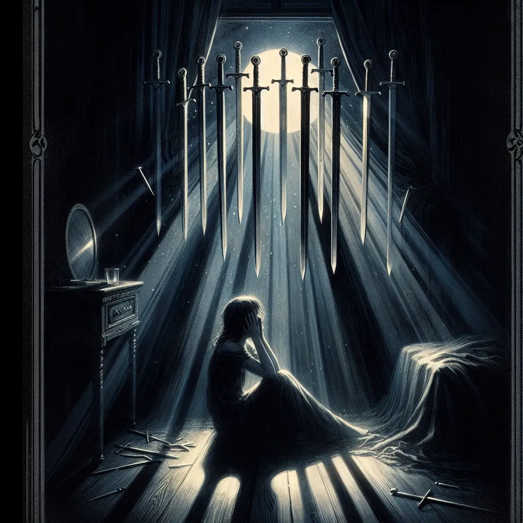 An evocative tarot card scene illustrating the Nine of Swords: A solitary figure sits upright in a darkened room, clutching their face in distress. Nine swords hover ominously above them in the shadows, symbolizing the weight of anxiety and fear. Moonlight streams through an open window, casting dramatic patterns of light and darkness across the room. The atmosphere is somber and introspective, encapsulating the emotional turmoil and mental unrest with a mystical and ethereal quality.