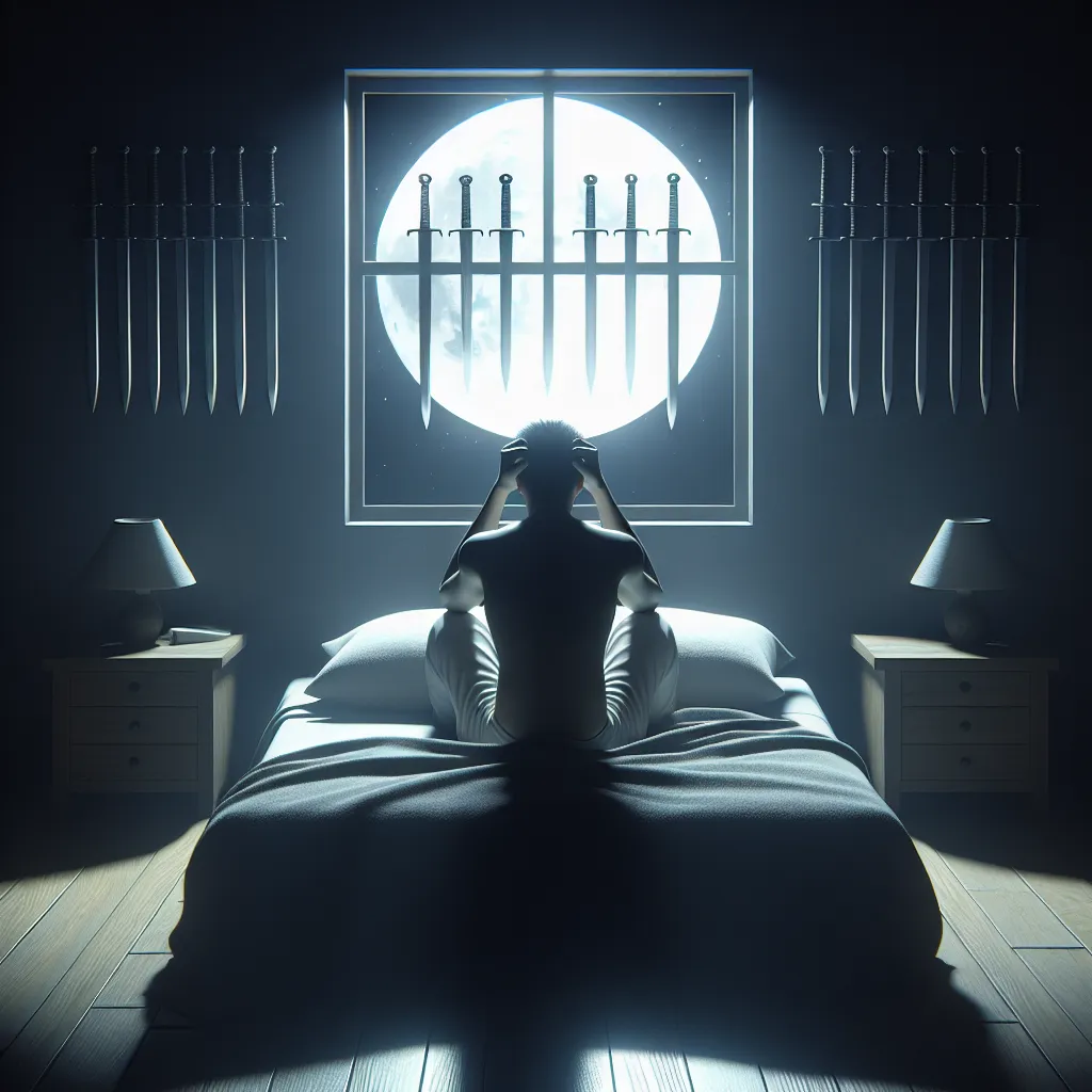 Create a serene night scene featuring a person sitting up in bed, visibly distressed, with their head in their hands. The room is softly lit by moonlight filtering through a window. Nine swords are subtly incorporated into the background, hung on the wall in a symbolic pattern. The atmosphere should convey a sense of anxiety and introspection, with a hint of hope as the first light of dawn appears on the horizon, suggesting the power of overcoming fear through self-awareness.