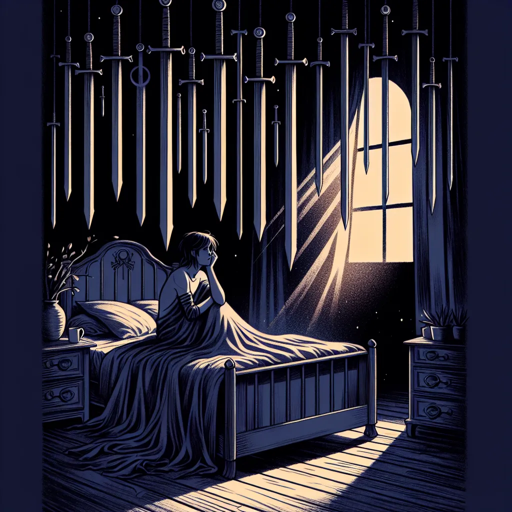Create a hauntingly beautiful illustration of the Nine of Swords tarot card. Show a figure sitting up in a bed with an expression of worry or anxiety, surrounded by nine swords hanging ominously above. The room is dimly lit, creating deep shadows that emphasize the somber mood. Add a window showing a hint of dawn breaking, symbolizing hope and the possibility of overcoming fear. Use rich, moody colors like midnight blues, deep purples, and muted grays to evoke a night-time setting with a touch of light coming through the window.