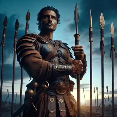 Create a picture of an athletic, Hispanic male figure clad in antiquated battle attire, standing with valor and resilience on a war-torn battlefield. He grips tightly onto one of the nine ornate staffs arranged in a semi-circle behind him, his confident stance illuminating his courage and spirit. The sky overhead is a stunning twilight, a depiction of the harsh trials he's faced. Despite the twilight backdrop indicating tough times, his face is etched with resolution and determination, willing to take on any future battles. This image calls to mind concepts from stoic philosophy and resilience.