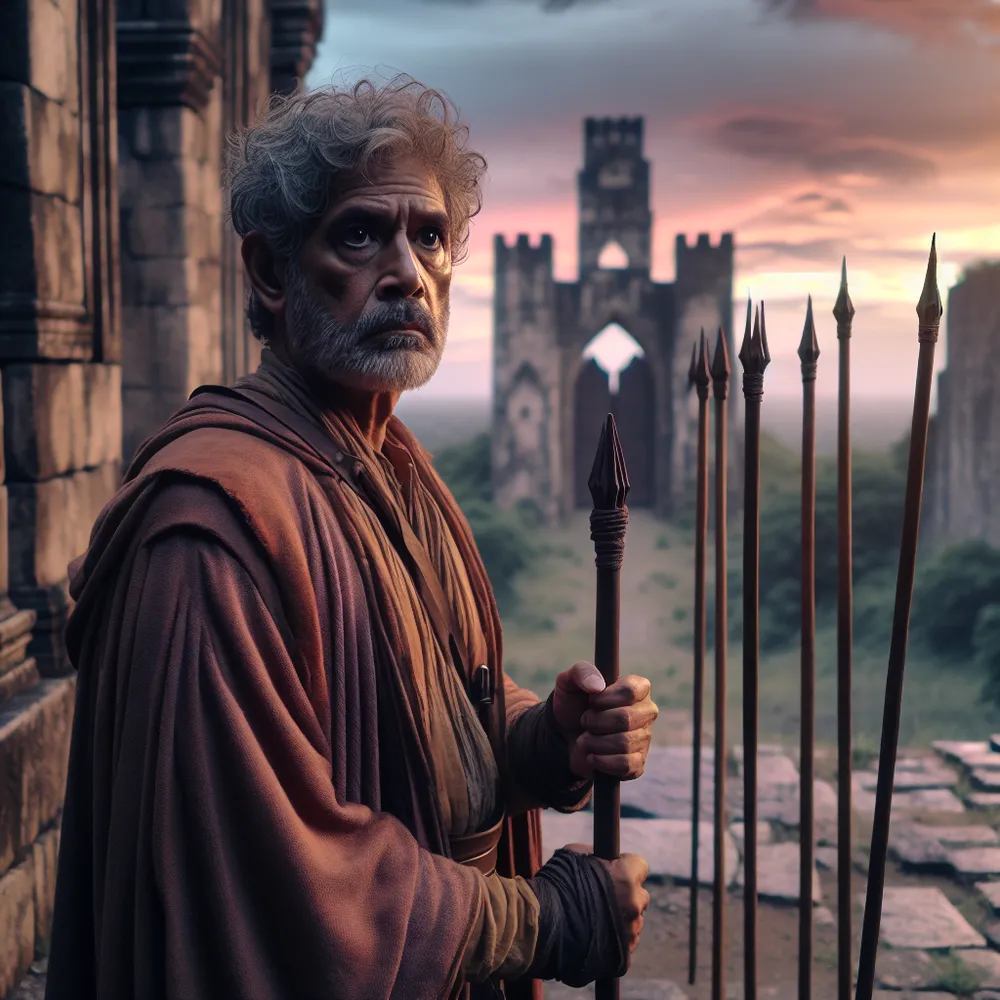 A weary yet determined middle-aged, South Asian man in medieval sentinel attire is seen standing guard at an ancient castle gate as the sun sets, painting the sky with hues of pink and orange. Eight carefully placed wands protrude upright from the ground around him, signifying his territory. In his right hand, he clutches the ninth and final wand like a staff. His facial expression, a mix of fatigue and determination, speaks volumes about his resilience and unwavering resolve.