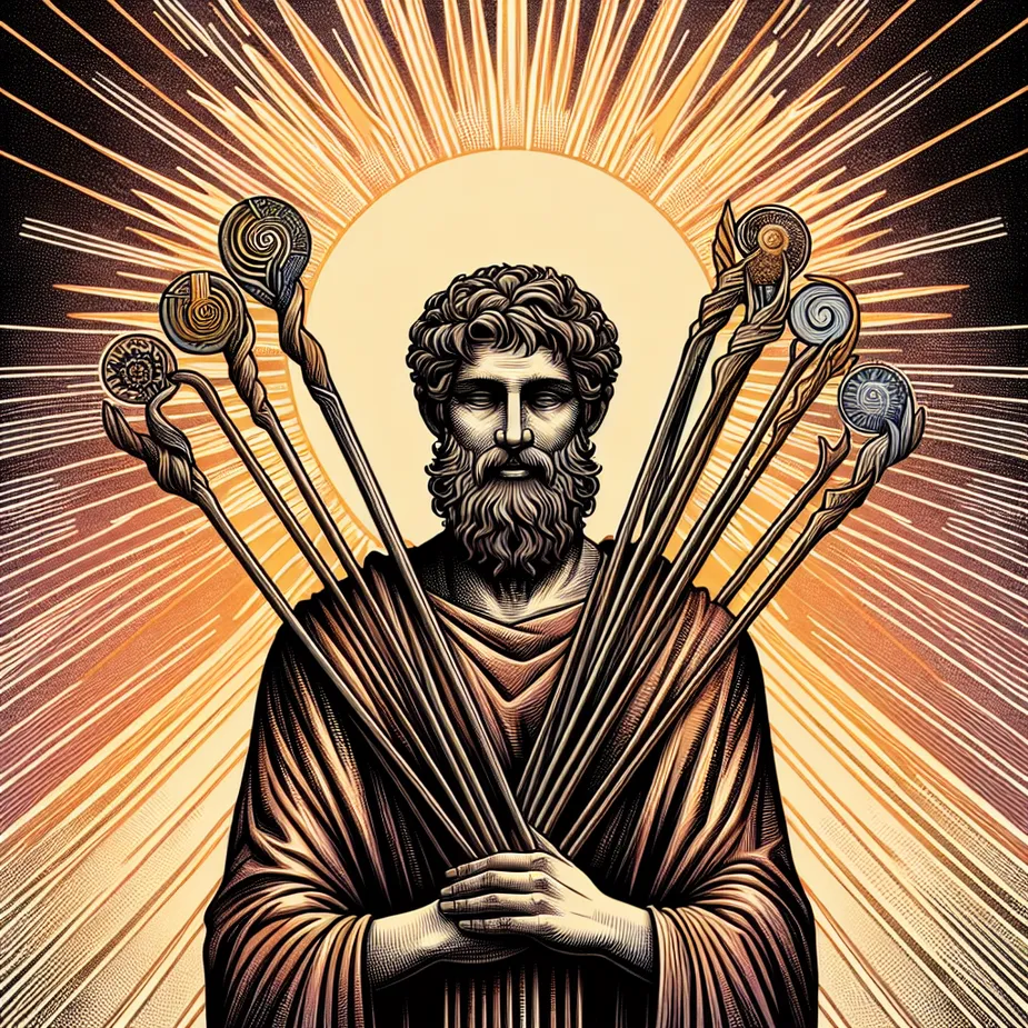 An image depicting a stoic Middle-Eastern male standing tall. He is holding nine wands to symbolize resilience and strength. The scene unfurls against a backdrop of a rising sun which portrays the dawn of a new day. His facial expressions are composed and calm, reflecting the essence of stoicism. His attire adds an element of mystery, depicting a possible spiritual or philosophical leader. The lines radiating from the sun are vibrant and create an atmosphere of warmth and potential, contrasting with his serene presence.