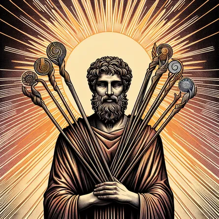 An image depicting a stoic Middle-Eastern male standing tall. He is holding nine wands to symbolize resilience and strength. The scene unfurls against a backdrop of a rising sun which portrays the dawn of a new day. His facial expressions are composed and calm, reflecting the essence of stoicism. His attire adds an element of mystery, depicting a possible spiritual or philosophical leader. The lines radiating from the sun are vibrant and create an atmosphere of warmth and potential, contrasting with his serene presence.