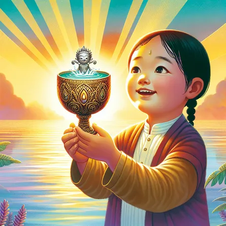 Illustrate a young, imaginative Asian female child standing by a calm sea, gripping an intricate chalice from which a petite marine creature is happily springing out. The child seems astounded yet enchanted by this unusual phenomenon. Behind the child, a splendid sunrise unfurls converging golden rays, intimating the commencement of a fresh expedition. The colors should exude a soft, welcoming, and dreamlike atmosphere with a streak of morning luminosity.
