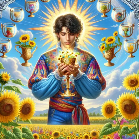 Produce an image that exudes an element of whimsy and enlightenment. The central element is a young Hispanic male figure symbolizing the Page of Cups, adorned in colorful medieval attire with free-flowing design. In his arms, he tenderly holds a golden cup overflowing with light and tiny representations of the sun. He stands on a thriving patch of blooming sunflowers underneath a clear azure sky with vibrant sunrays. This embodies the bright, radiant spirit of The Sun. Prominently positioned in the foreground, visualize nine extraordinary cups filled to the brim, arranged in a semicircle, embodying the prosperity and fulfilment symbolized by the Nine of Cups.