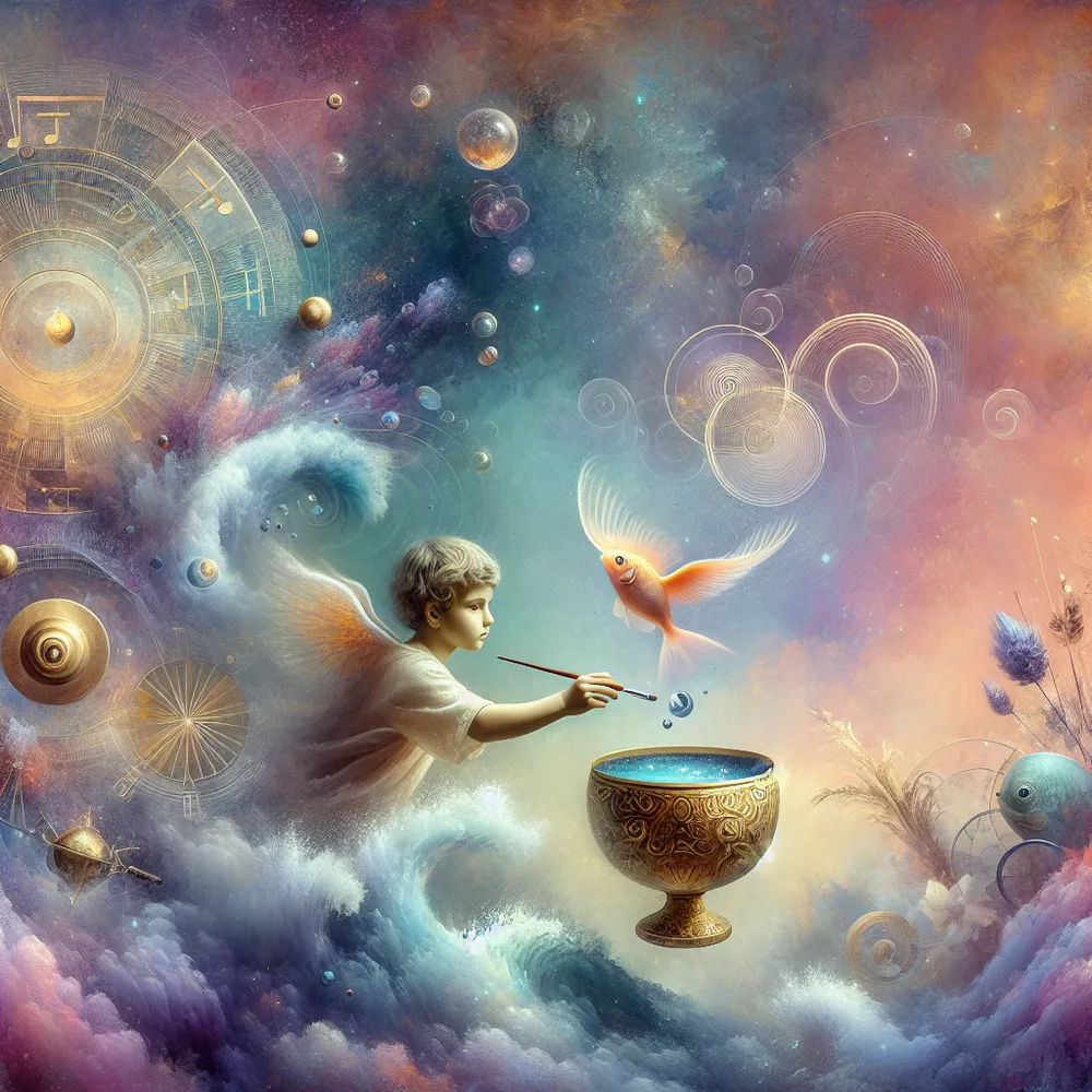 A young and innocent figure, with an unspecified gender and descent, poised at the edge of an otherworldly seascape, clutches a ceremoniously adorned golden chalice. A tiny fish, leaping out of the chalice towards this figure, symbolizes the enigmatic revelations on the verge of unfurling. Utilize soft pastel hues to embody the ethereal and emotional essence of this setting. Integrate symbols of inventiveness, such as musical notes, along with painting instruments and brushes, subtly scattered in the backdrop. Construct an atmosphere that induces feelings of intrigue and fantastical wonder in those who behold this remarkable spectacle.