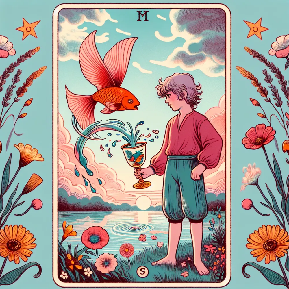 Create an illustration of the Page of Cups tarot card. Showcase a youthful figure standing by a serene lakeside, holding a chalice from which a vibrant fish playfully jumps out. The figure is surrounded by blooming flowers, symbolizing creativity and new beginnings. The sky is a soft blend of pinks and blues, suggesting a dreamy landscape. The expression on the figure's face is one of wonder and curiosity, embodying a sense of emotional openness and artistic imagination.