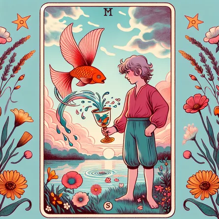 Create an illustration of the Page of Cups tarot card. Showcase a youthful figure standing by a serene lakeside, holding a chalice from which a vibrant fish playfully jumps out. The figure is surrounded by blooming flowers, symbolizing creativity and new beginnings. The sky is a soft blend of pinks and blues, suggesting a dreamy landscape. The expression on the figure's face is one of wonder and curiosity, embodying a sense of emotional openness and artistic imagination.