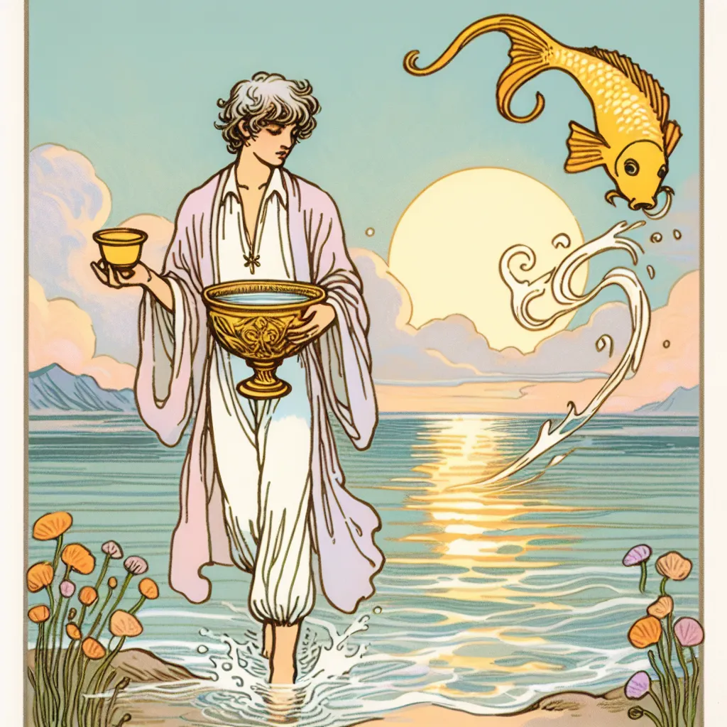 Create an artistic image of the Page of Cups tarot card. Depict a young person standing by a tranquil shoreline at dawn, holding a golden cup with a whimsical fish playfully poking its head out. The figure is dressed in flowing garments of soft pastel colors, symbolizing the dreamer and the emotional explorer. The background should feature gentle waves and a sky transitioning from night to day, representing new beginnings and unexpected insights. The atmosphere should be one of serenity and wonder, with subtle fine art brushstrokes.