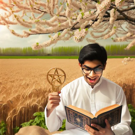 A young South Asian male scholar, engrossed in a book while seated under a blossoming tree. He tightly holds a bright golden pentacle in one hand. Expansive fields of wheat grow behind him, representing prosperity and the outcome of hard work. There's an evident eagerness in the scholar's expression, almost radiating with the exuberance of acquiring newfound knowledge.