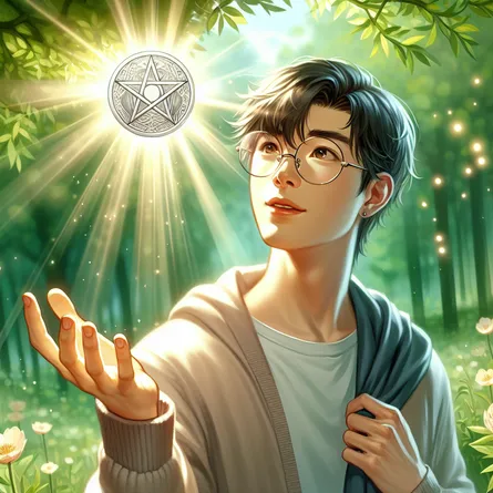 Create an image of an Asian young man, brimming with aspiration and hope, looking with deep curiosity at a glowing pentacle hovering just above his outreached hand. The scenario is set in a lush green springtime environment, mirroring the Page of Pentacles' symbolic representation of fresh starts and untapped potential.